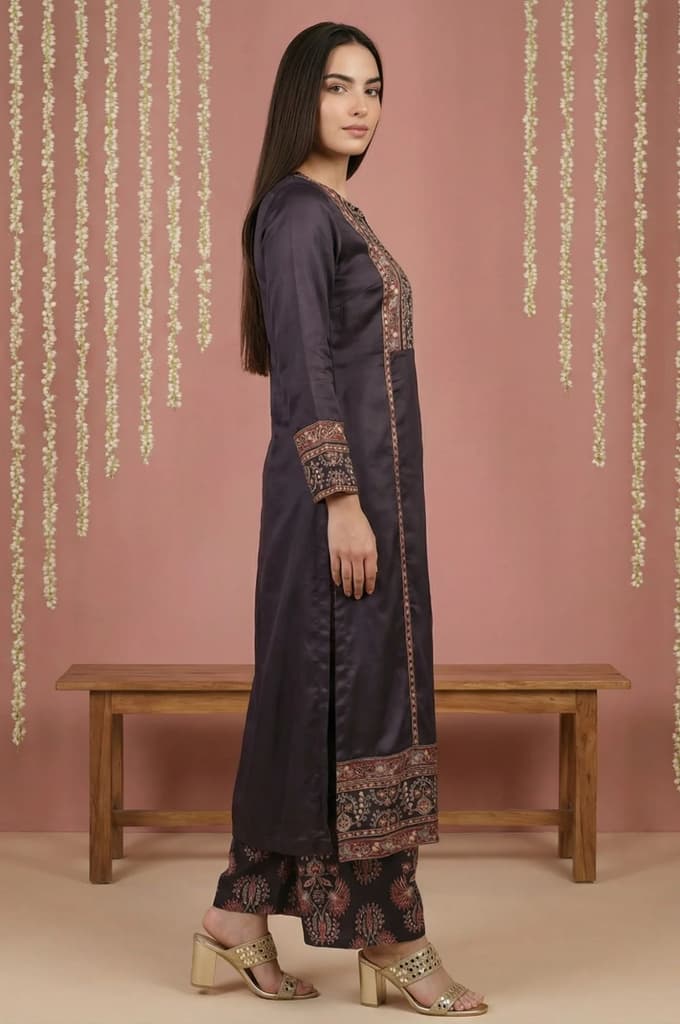Black Floral Printed Satin Straight Kurta with Parallel Pant and Dupatta Set — photo 5