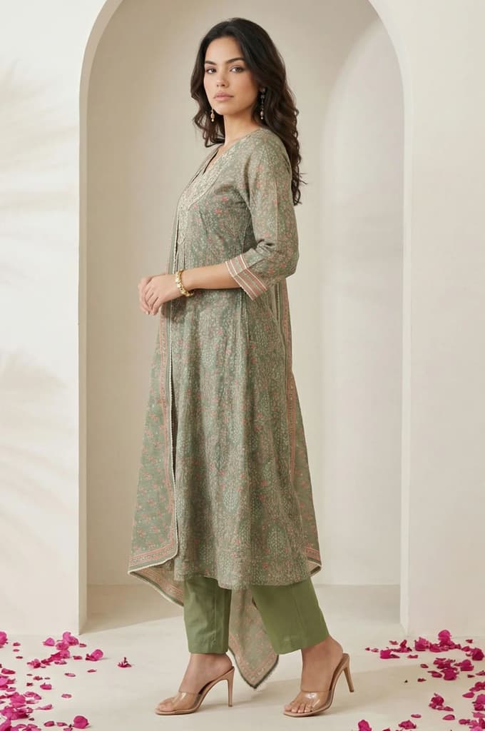 Olive Floral Printed Mirror Work Chanderi A-line Kurta with Straight Pants and Dupatta Set — photo 4