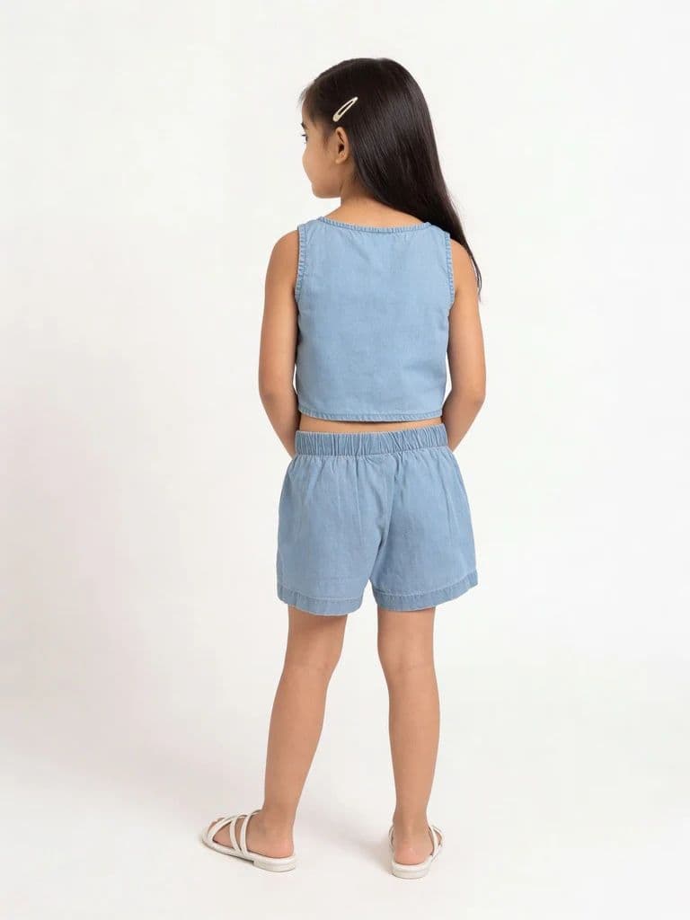 HOP Kids Girls Light Blue Embroidered Denim Top and Shorts Set — photo 2