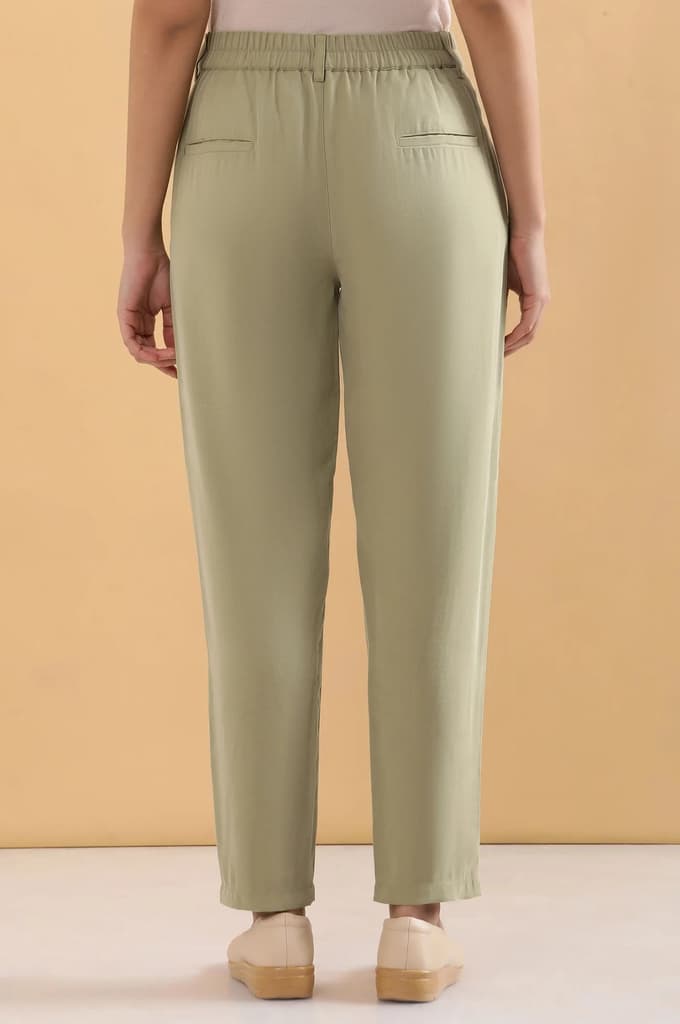 Green Solid Straight Fit Woven Pants With Belt Loops — photo 4