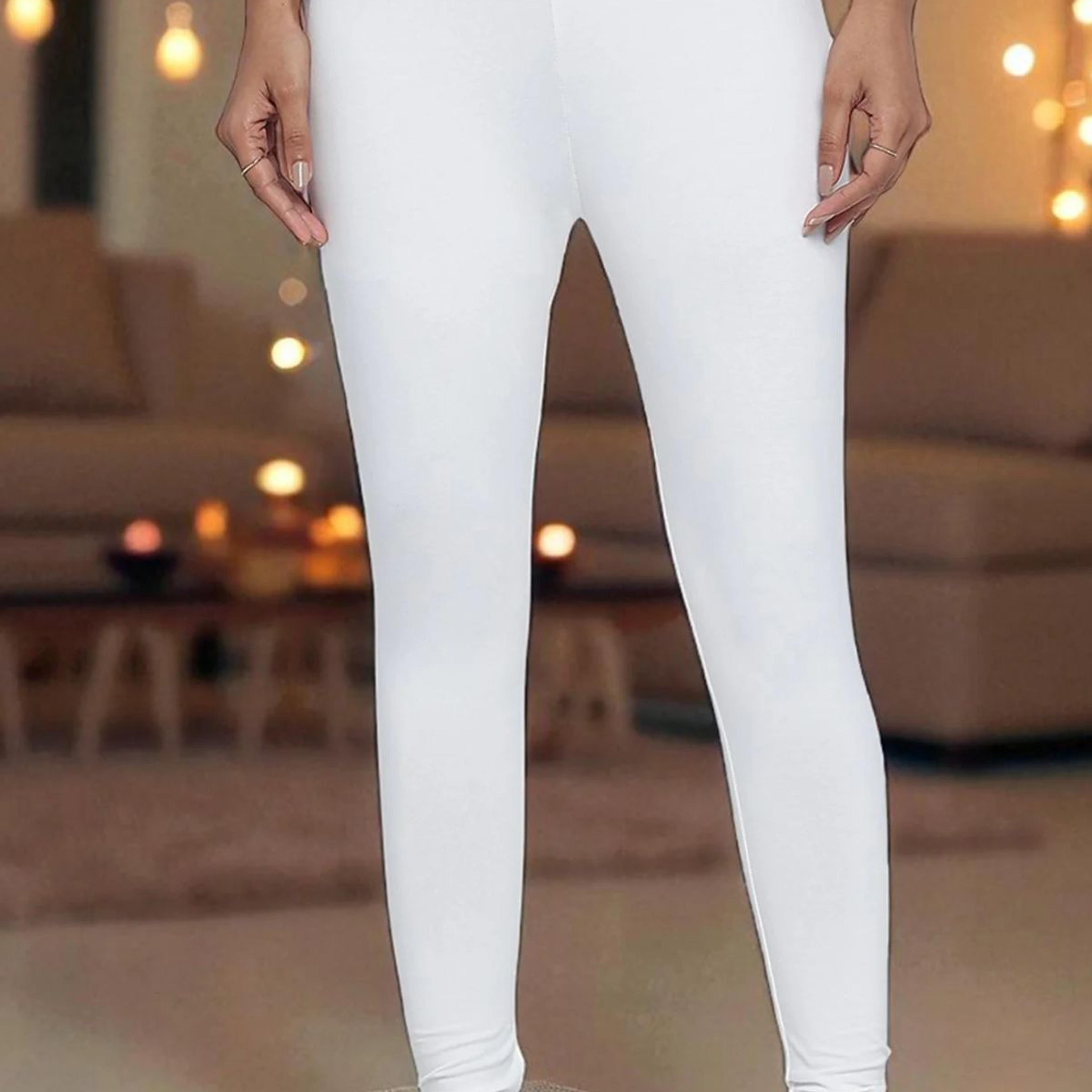 White Solid Cotton Lyrca Tights in Ankle Length