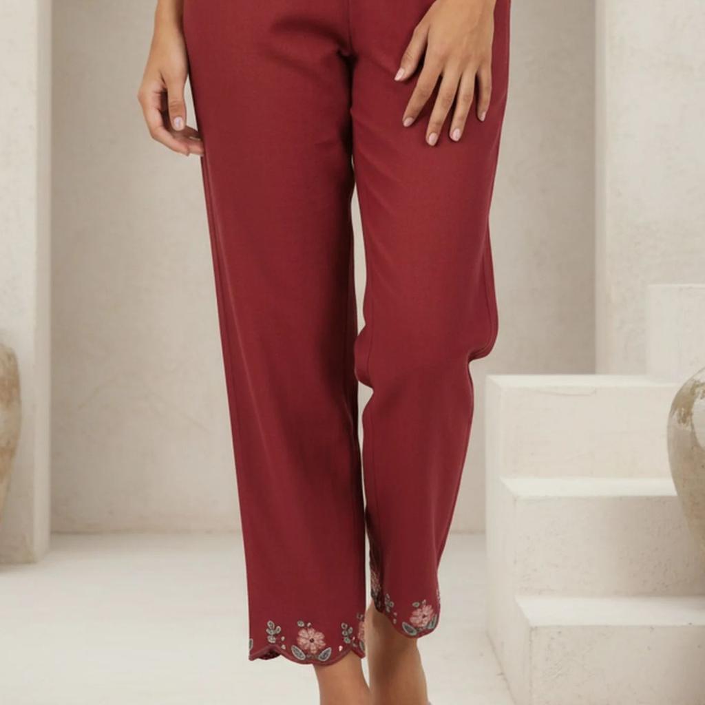 Maroon Embroidered Cotton Blend Straight Fit Ankle Length Pants