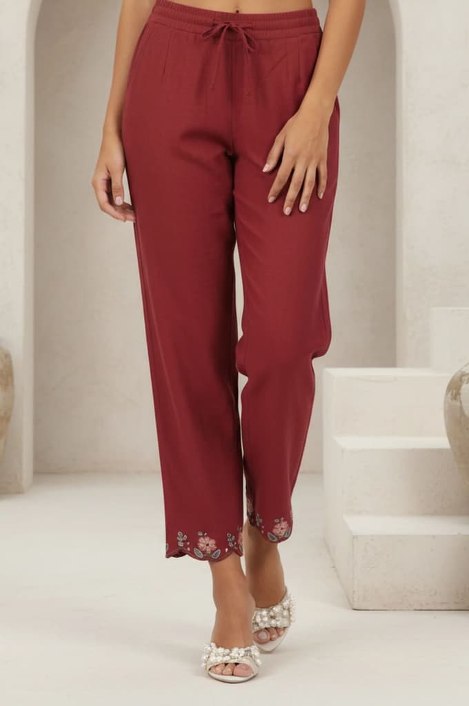 Maroon Embroidered Cotton Blend Straight Fit Ankle Length Pants — S