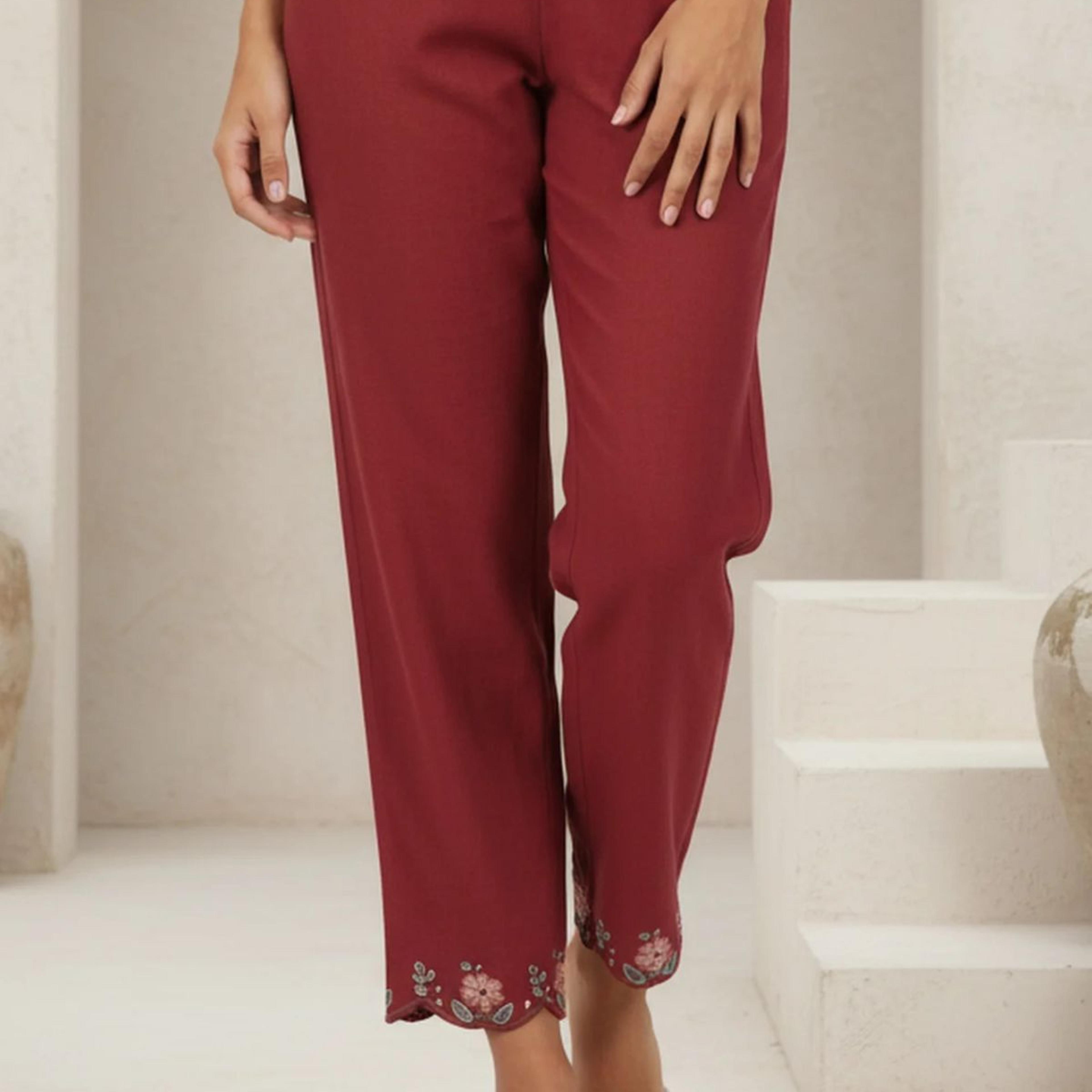 Maroon Embroidered Cotton Blend Straight Fit Ankle Length Pants