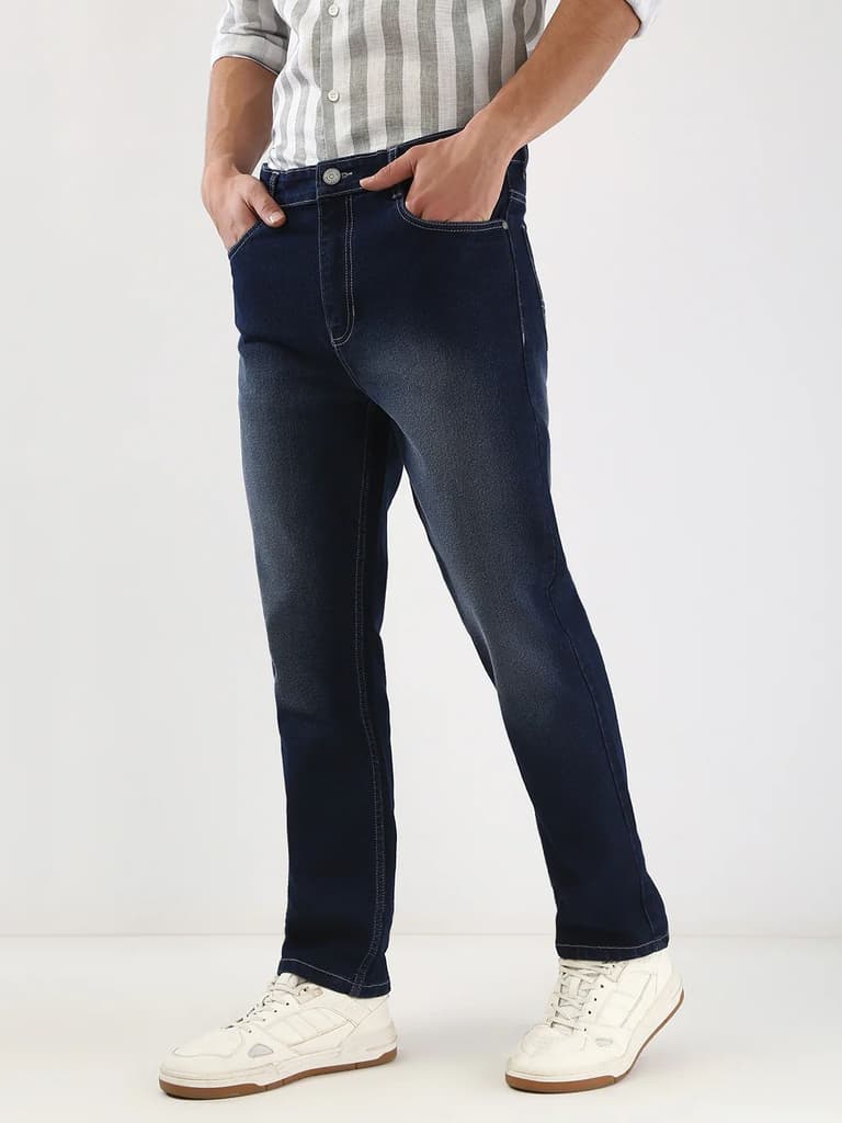 Men's Dark Blue Straight Fit Washed Jeans Stretchable — photo 3