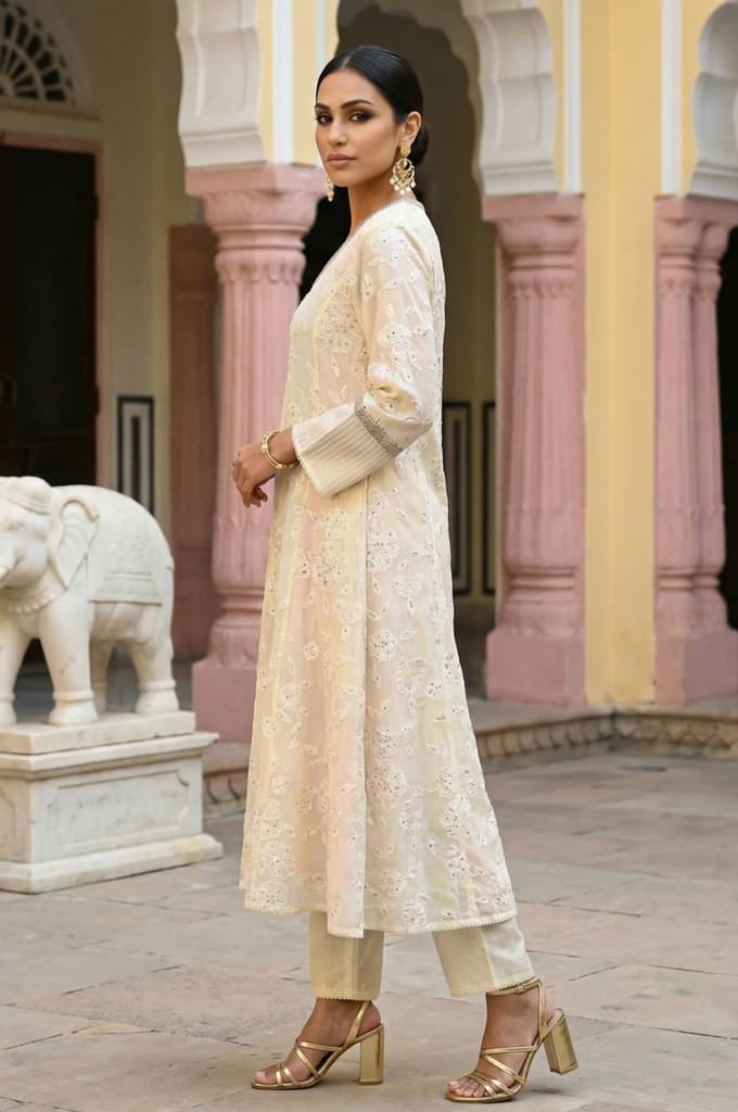 Powder Yellow Sequins Embroidered Straight Georgette Kurta with Straight Pants and Dupatta Set — photo 4