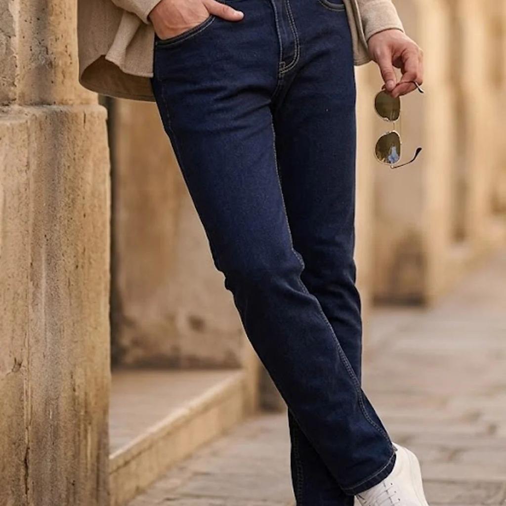 Men's Blue Straight Fit Raw Washed Denim Jeans Stretchable