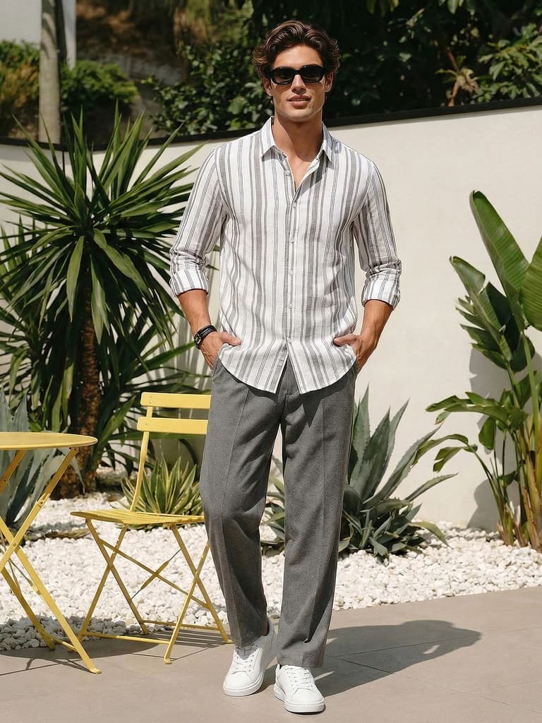 Men's Grey Cotton Full Sleeve Relaxed Fit Linen Striped Shirt with Spread Collar — photo 4