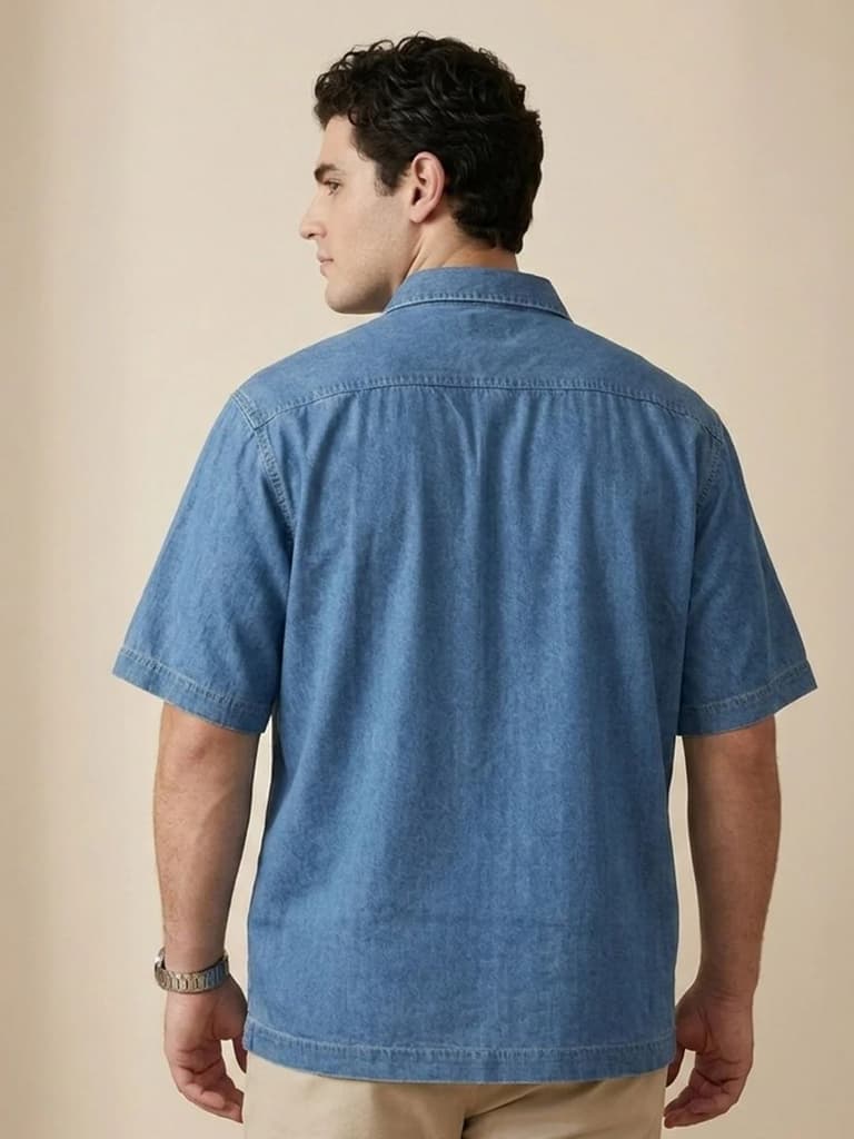 Plus Men's Light Blue Oversized Fit Half Sleeve Solid Casual Denim Shirt — photo 3
