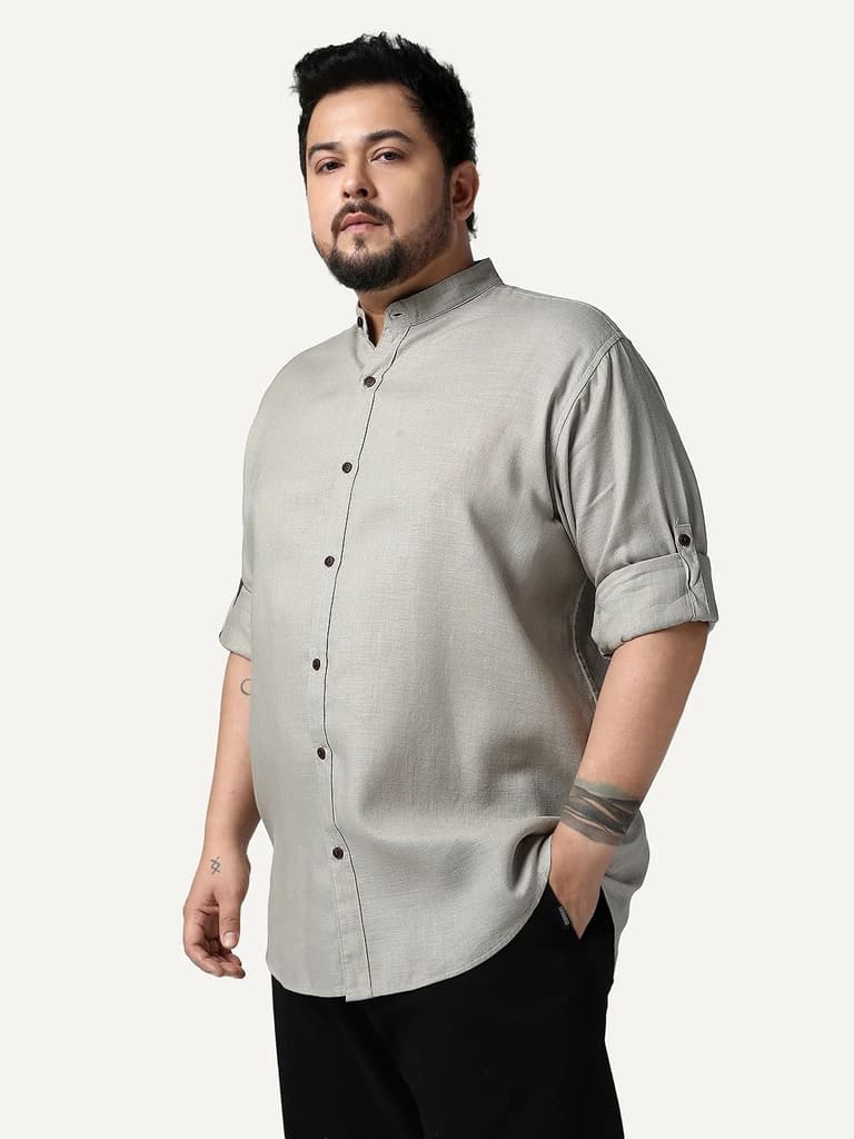 Plus Men's Grey Linen Blend Full Sleeve Relaxed Fit Mandarin Collar Casual Solid Shirt — photo 2