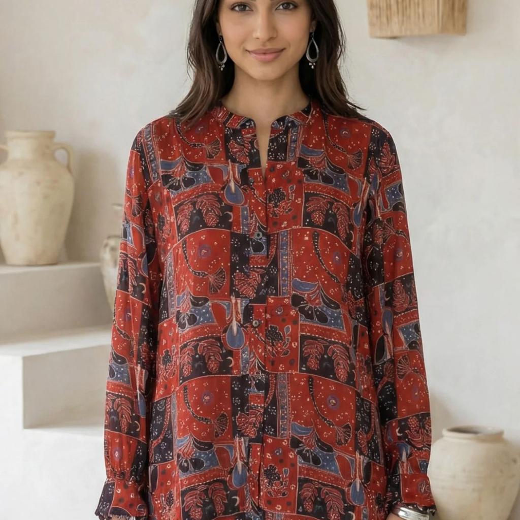Red Abstract Modal Satin Straight Top