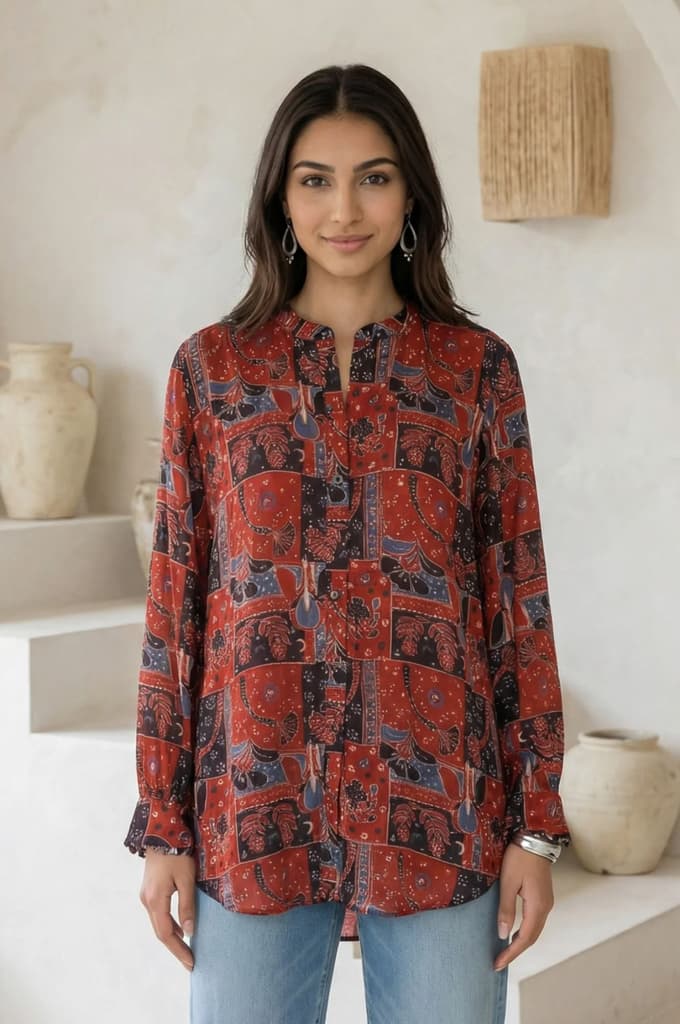 Red Abstract Modal Satin Straight Top — XS