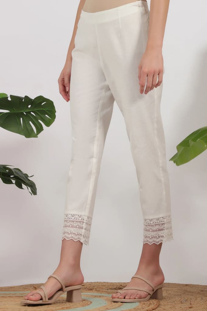 White Solid Cotton Flax Slim Pants with Lace — photo 3