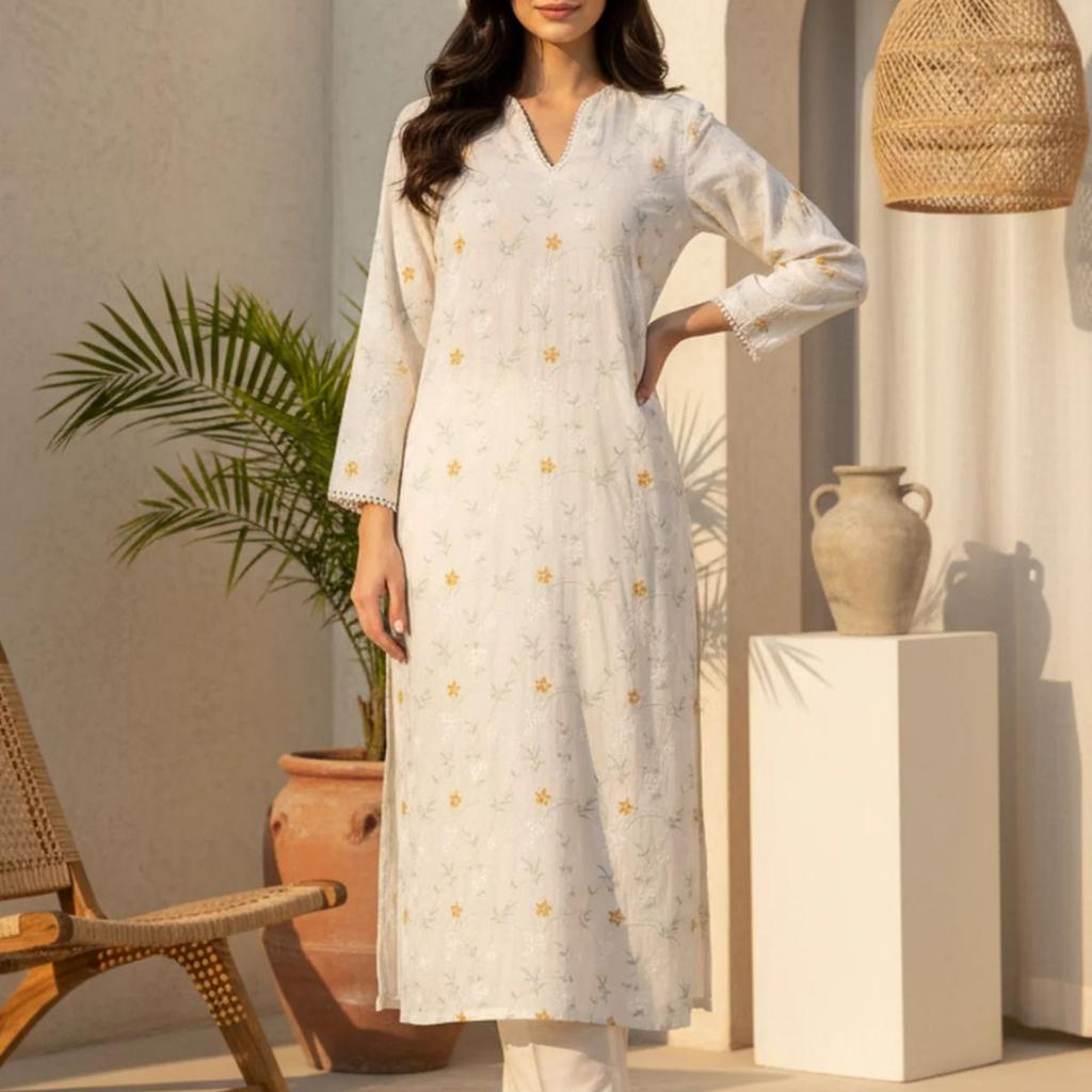 Off White Floral Printed Lace Rayon Straight Kurta