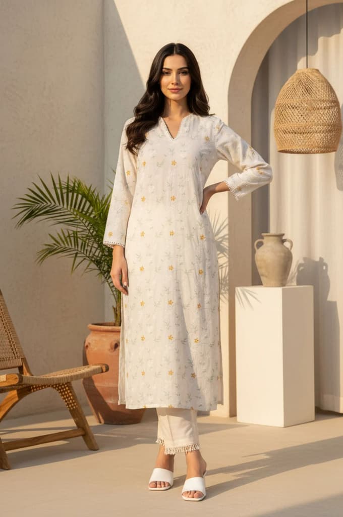 Off White Floral Printed Lace Rayon Straight Kurta — XS
