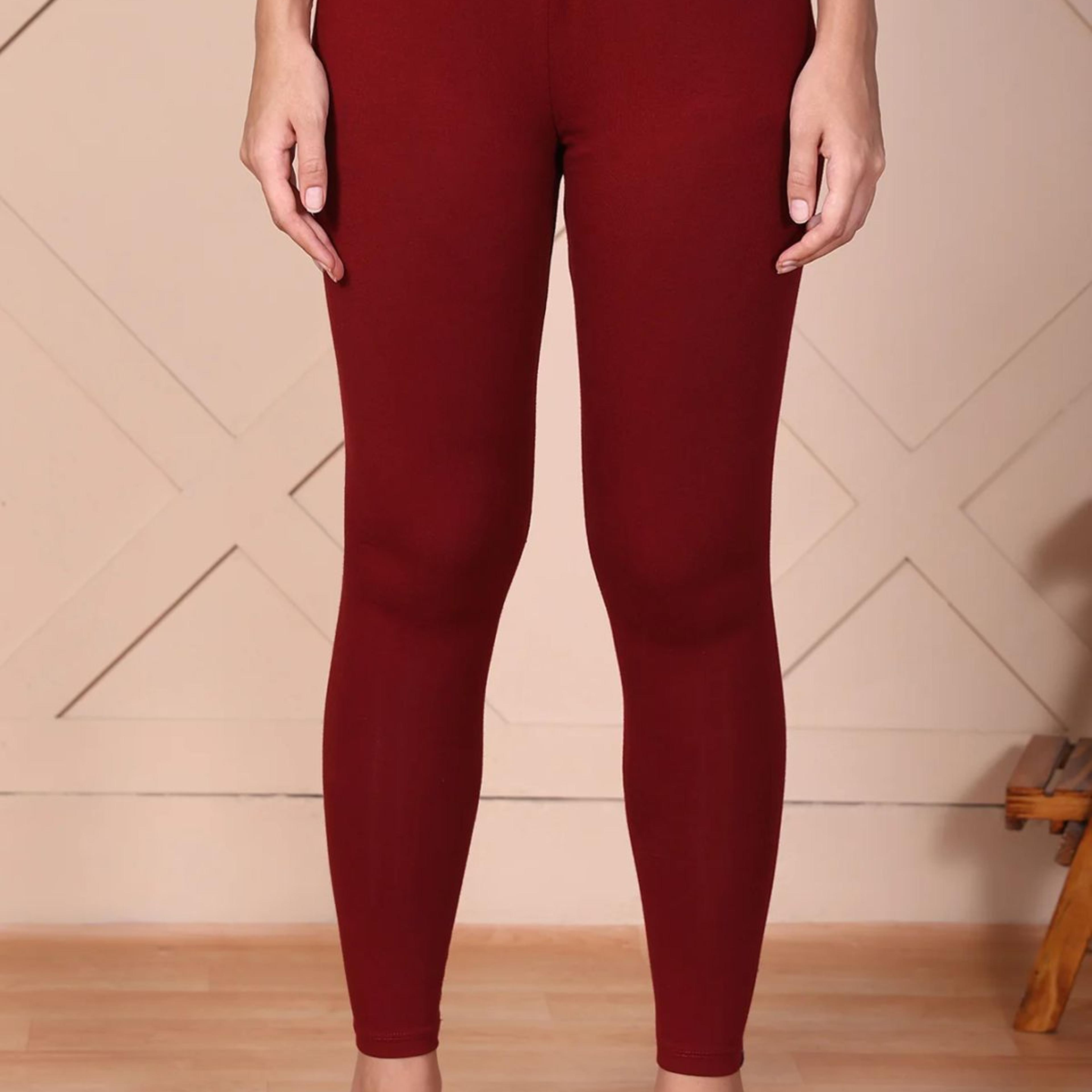 Maroon Solid Ankle-Length Cotton Leggings