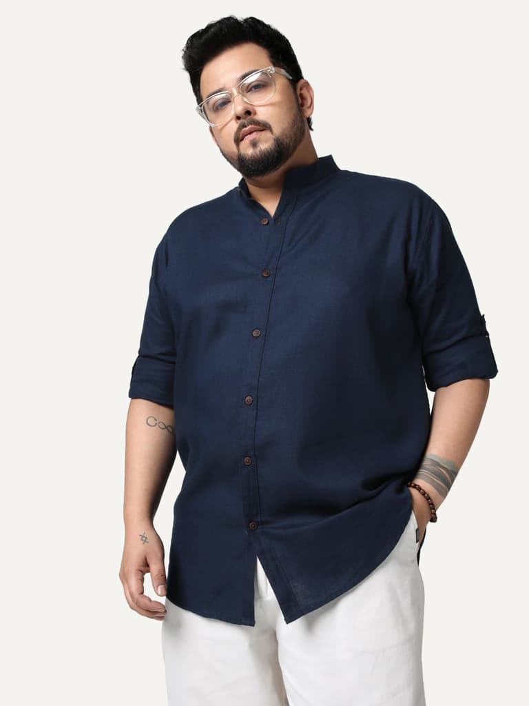 Plus Men's Navy Linen Blend Full Sleeve Relaxed Fit Mandarin Collar Casual Solid Shirt — 2XL / Navy