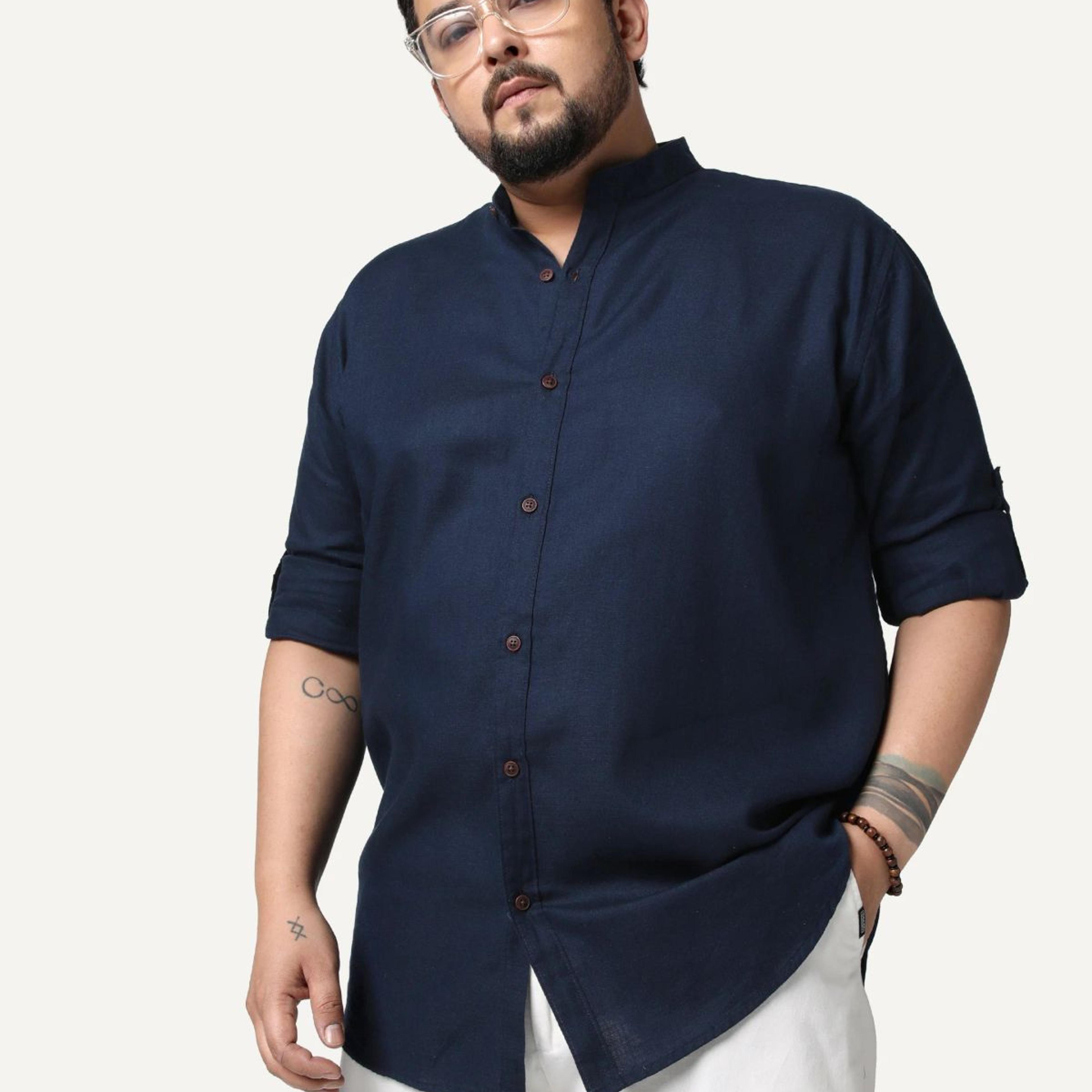 Plus Men's Navy Linen Blend Full Sleeve Relaxed Fit Mandarin Collar Casual Solid Shirt