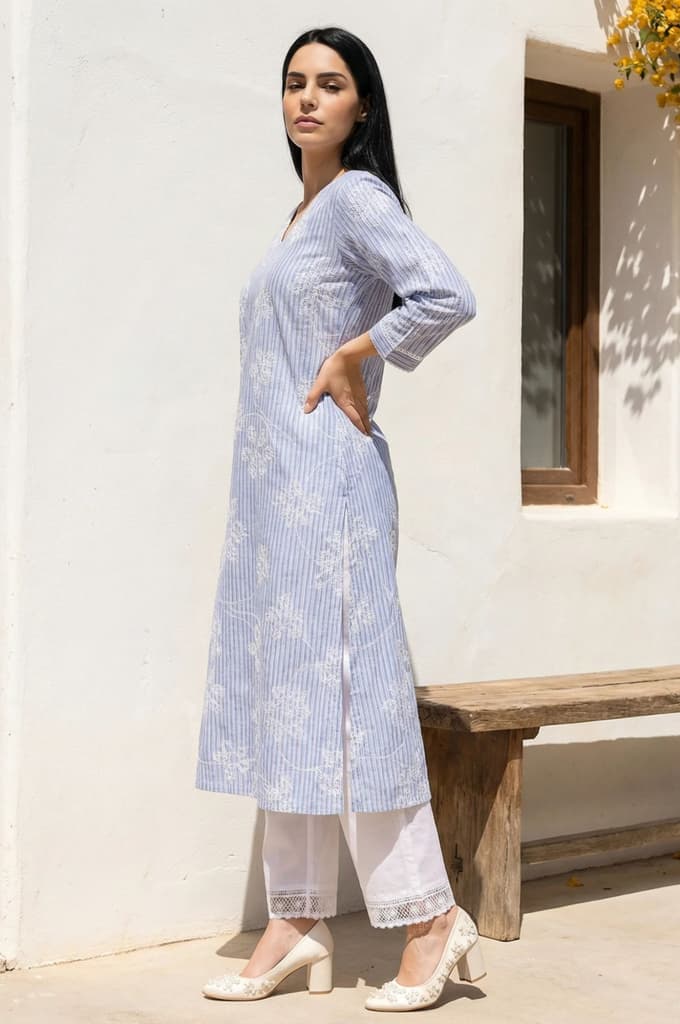 Blue Thread Embroidered Pure Cotton Straight Kurta — photo 3