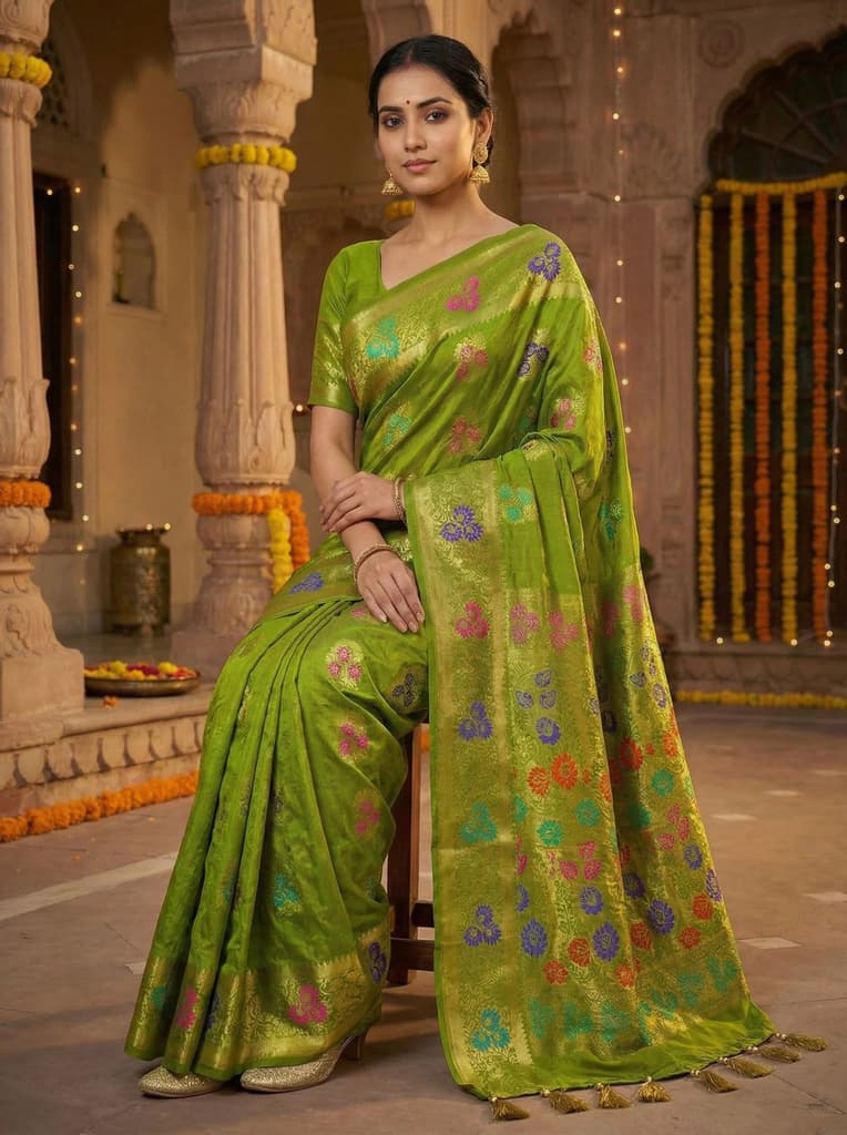 MIMOSA Women's Woven Design Paithani Style Art Silk Saree with Blouse Piece - Olive ( SA00003125OLFREE ) — photo 3