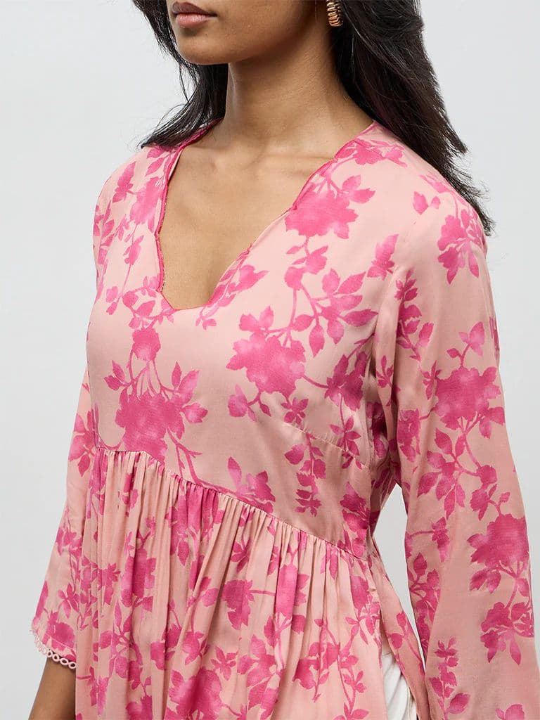 Utsa Pink Floral Printed A-Line Kurta — photo 3