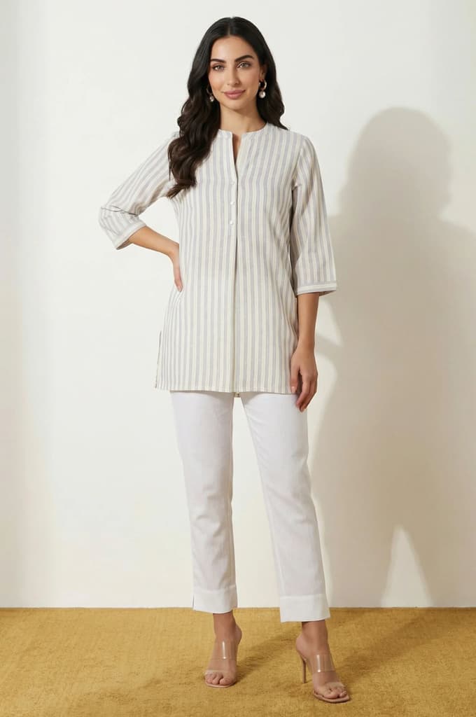 White Solid Cotton Flax Straight Fit Ankle Length Trousers — photo 4