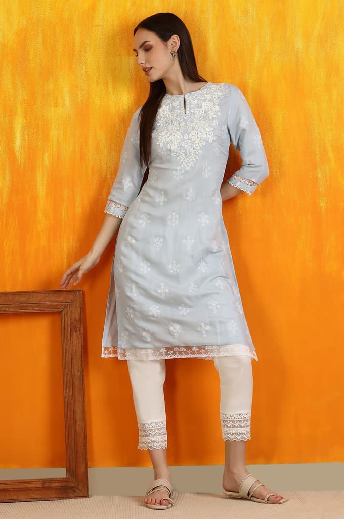 Powder Blue Embroidered Dull Shantung Straight Kurta — photo 2