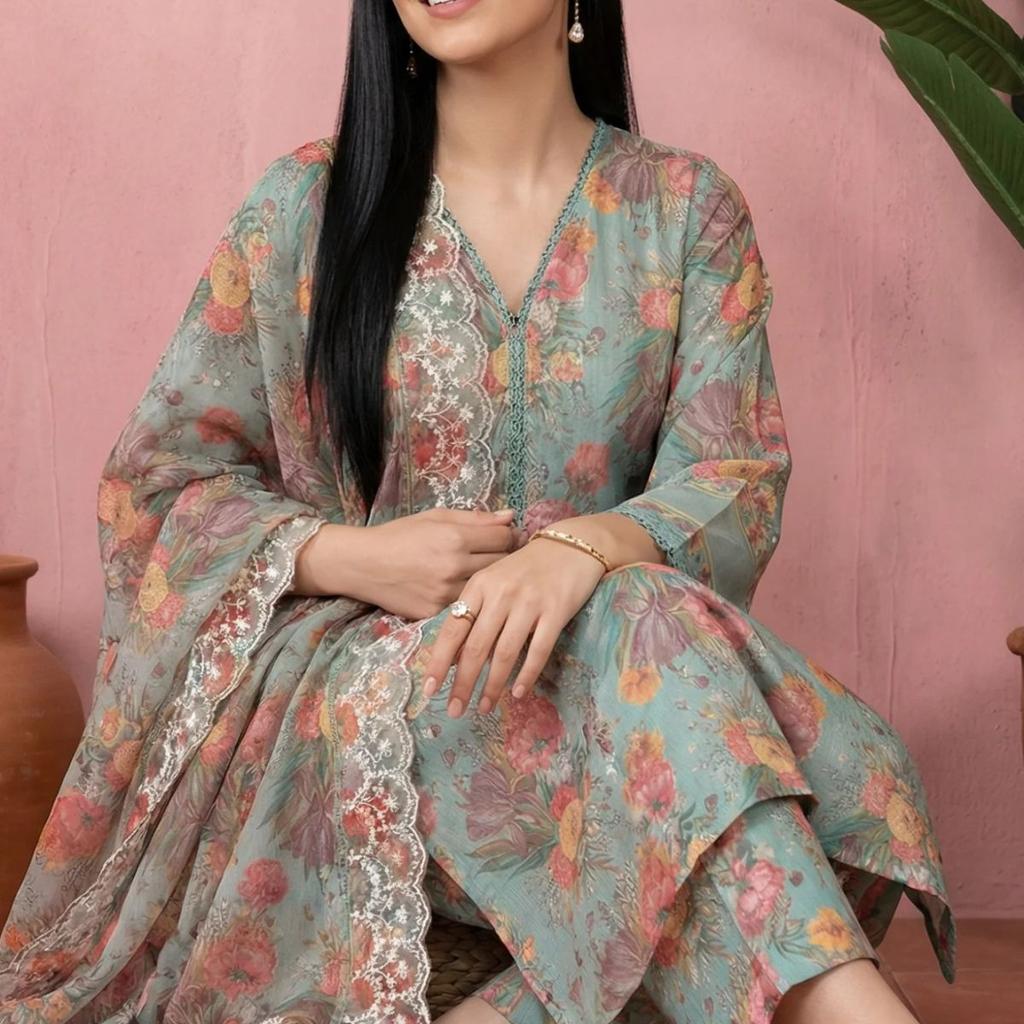 Sea Green Floral Printed Straight Kurta with Flared Pants and Dupatta Set