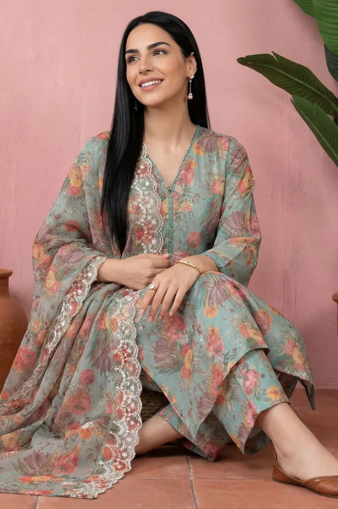 Sea Green Floral Printed Straight Kurta with Flared Pants and Dupatta Set — M