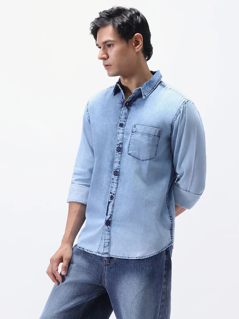 Men's Ice Blue Regular Fit Full Sleeve Washed Denim Shirt — photo 2