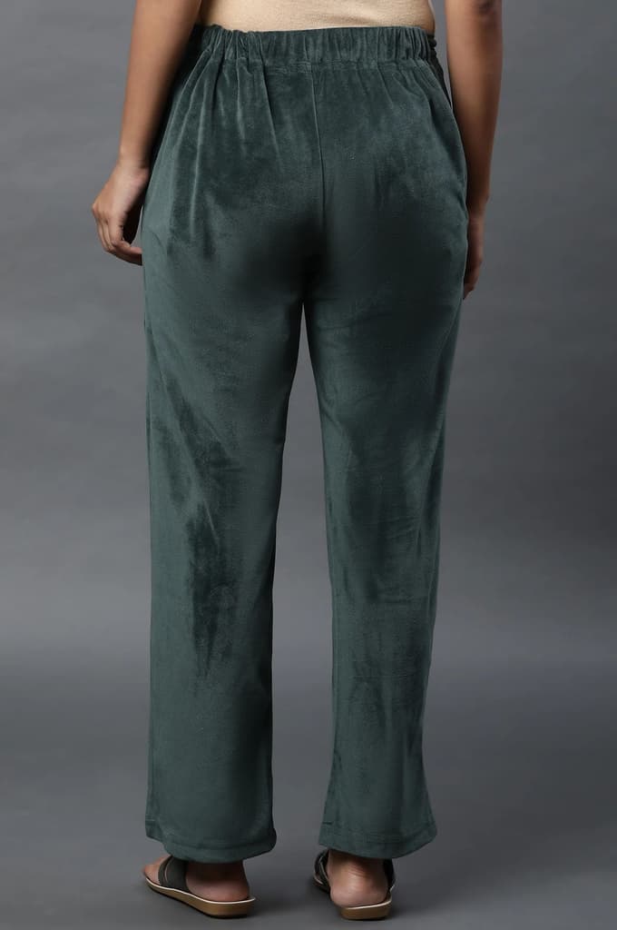 Green Solid Straight Fit Velvet Pants With Elasticated Waist — photo 3