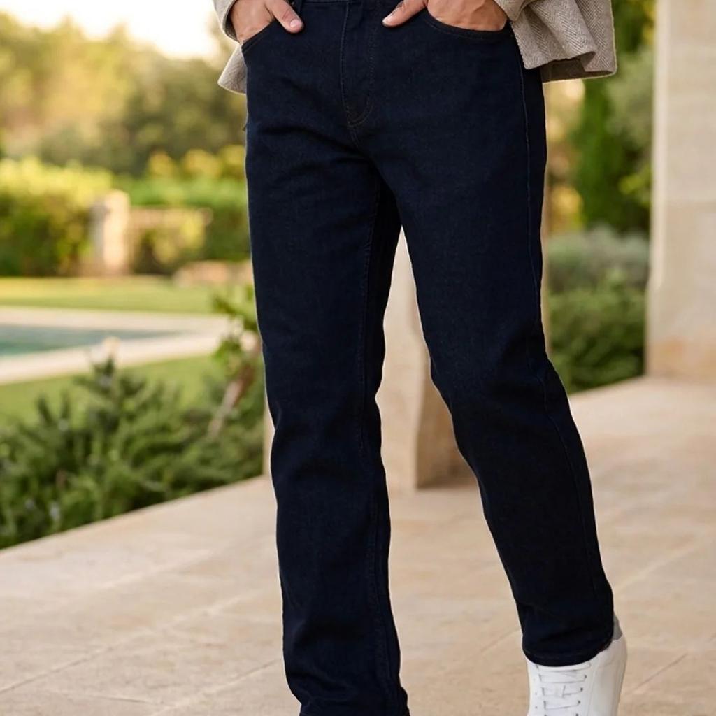 Men's Dark Blue Straight Fit Raw Washed Denim Jeans Stretchable