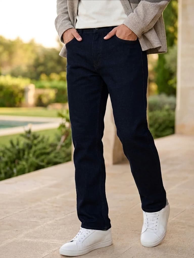 Men's Dark Blue Straight Fit Raw Washed Denim Jeans Stretchable — 28 / Dark Blue