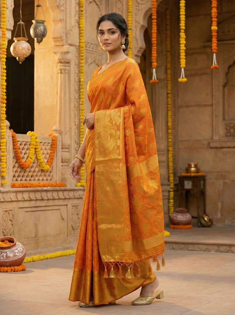 MIMOSA Women's Woven Design Kanjivaram Style Art Silk Saree with Blouse Piece - Mustard ( SA00003143MSFREE ) — photo 3