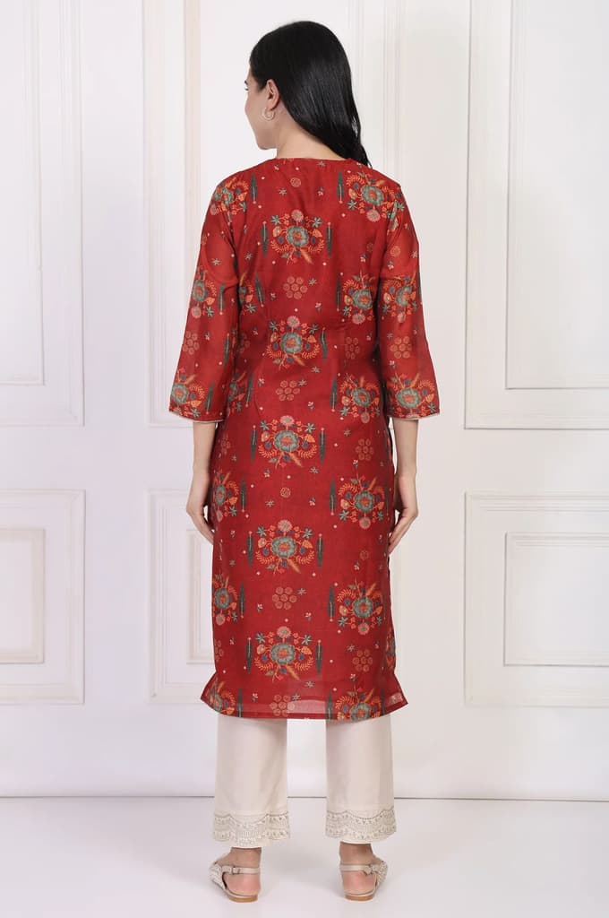 Red Floral Printed Sequined Straight Kurta — photo 5