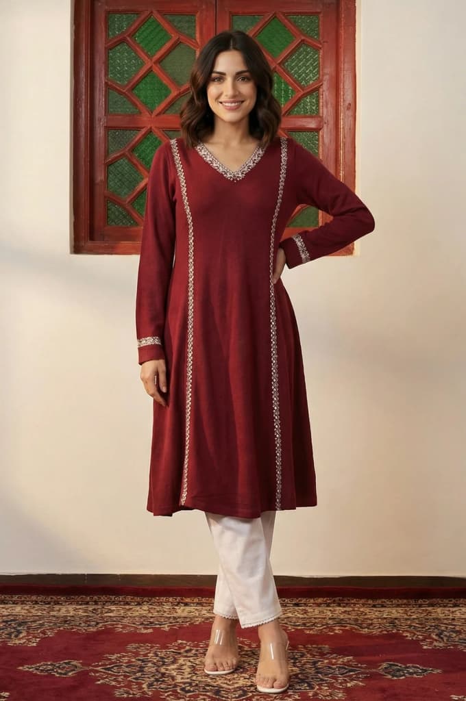 Maroon Embroidered Thread Work Acrylic A-line Kurta — XS