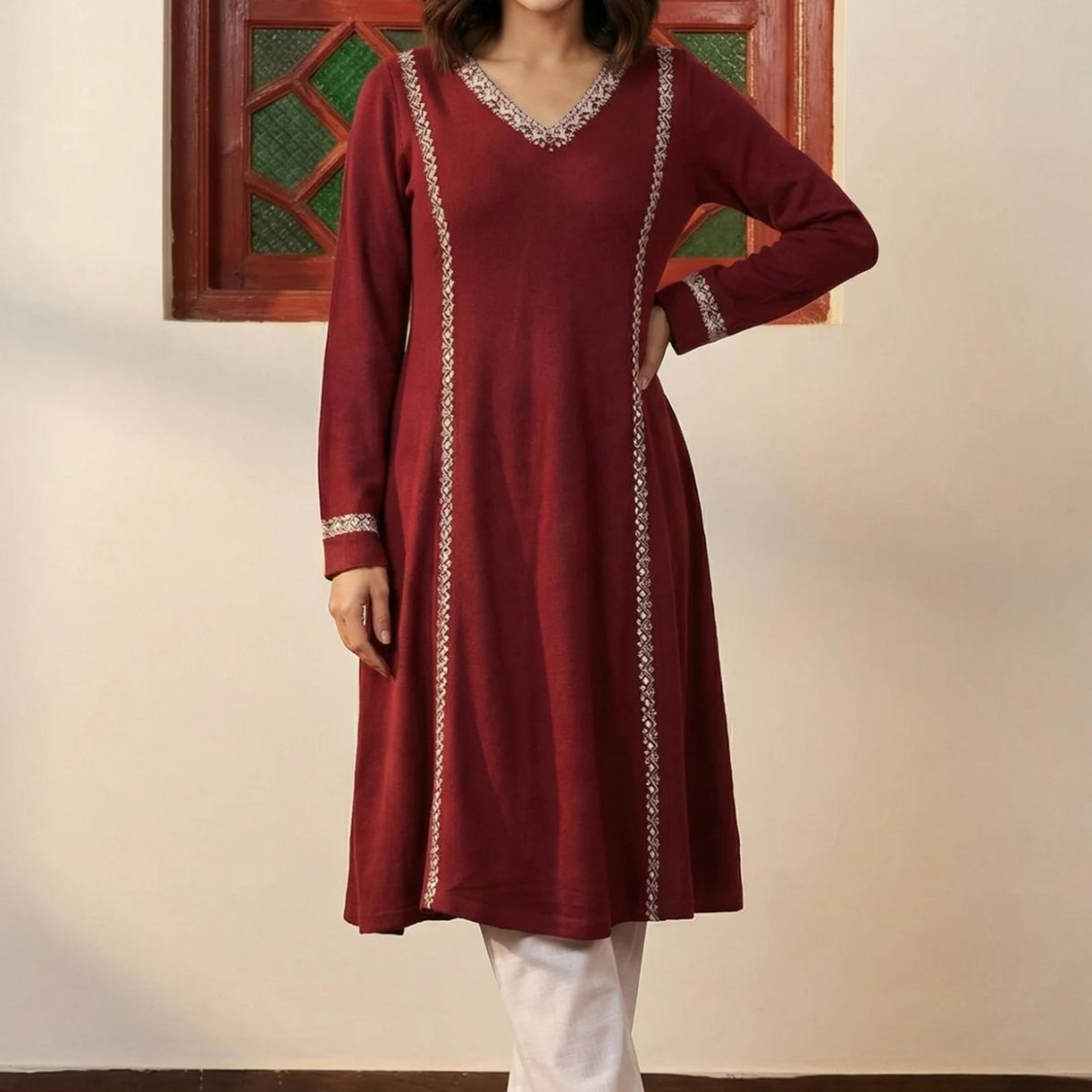 Maroon Embroidered Thread Work Acrylic A-line Kurta
