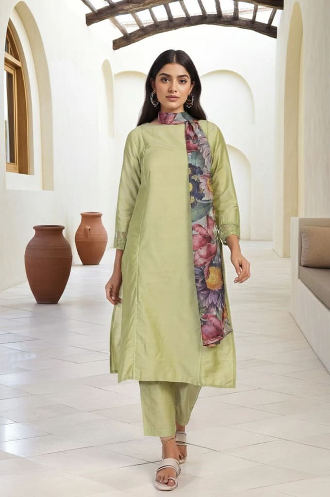 Light Green Solid Lace Trim Straight Kurta with Straight Pant and Dupatta Set — photo 2