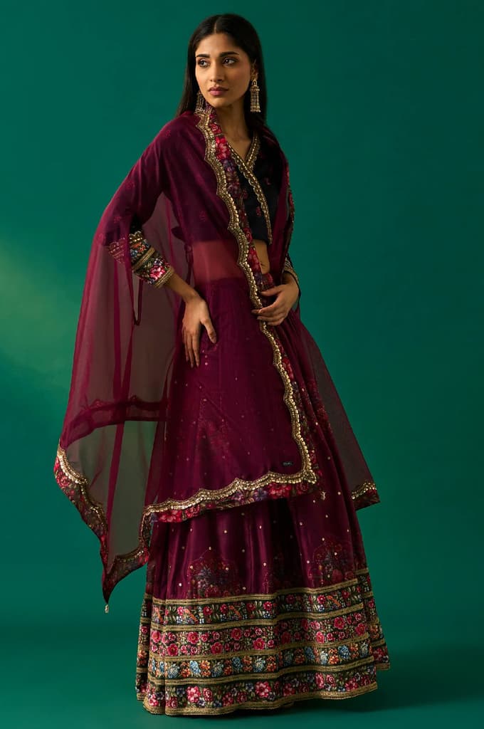 Purple Floral Embroidered Winter Velvet Blouse with Skirt and Dupatta Set — photo 5