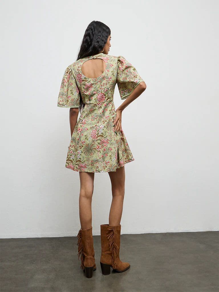 Bombay Paisley Green Floral Printed A-Line Cotton-Blend Dress — photo 4