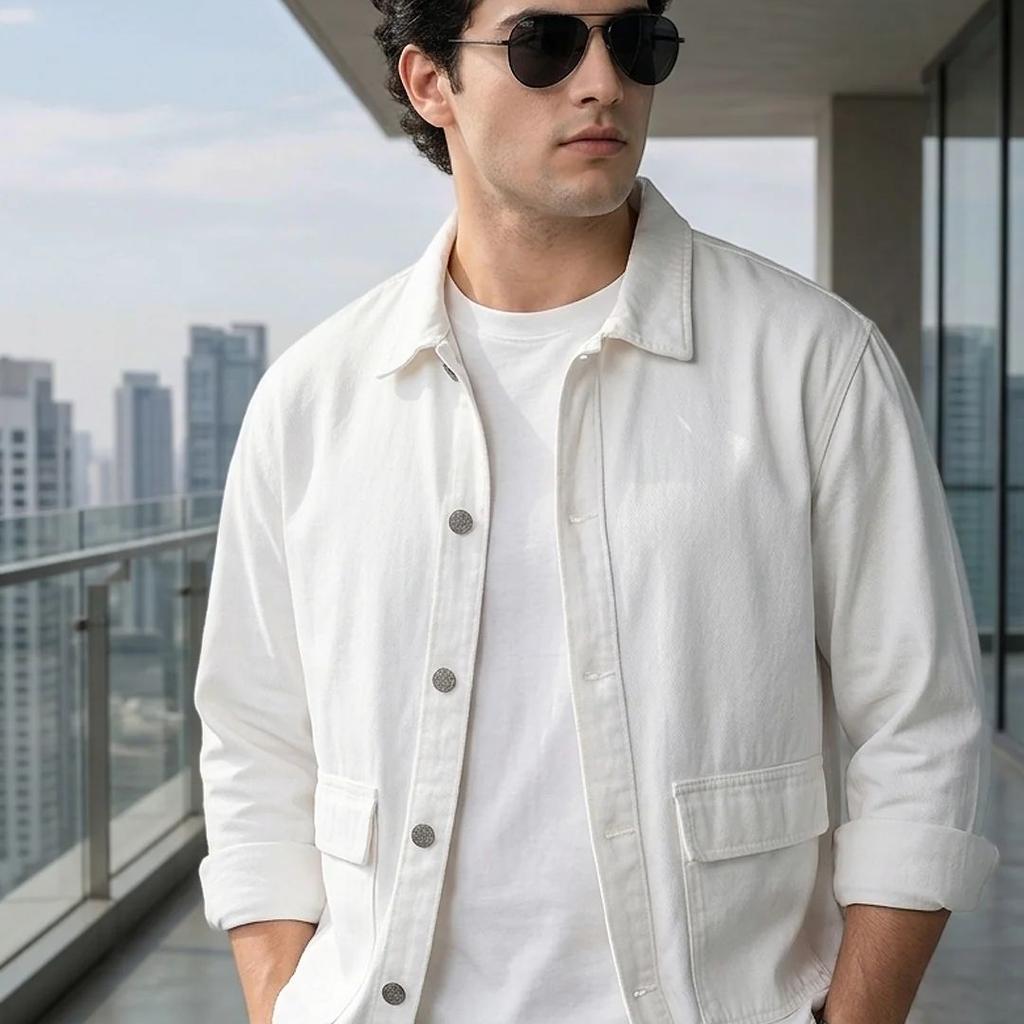 Plus Men's White Relaxed Fit Full Sleeve Utility Denim Jacket