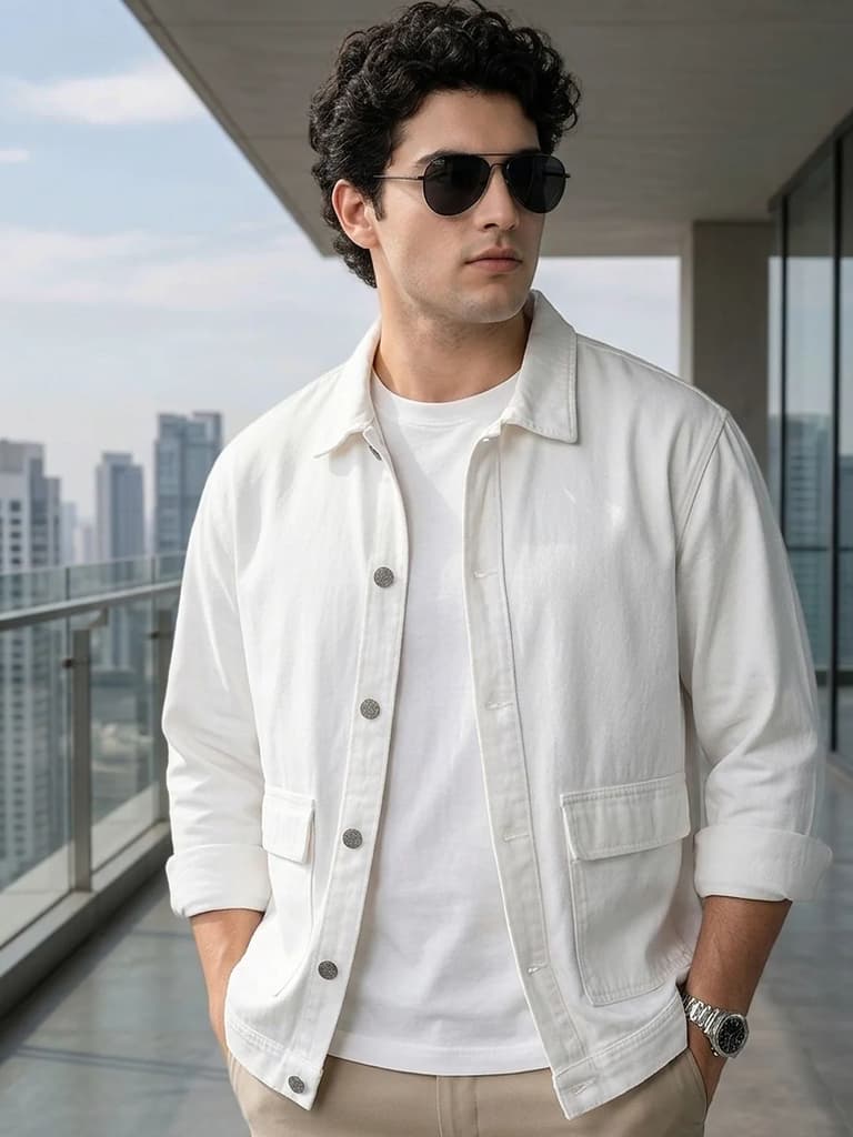 Plus Men's White Relaxed Fit Full Sleeve Utility Denim Jacket — XXL / White