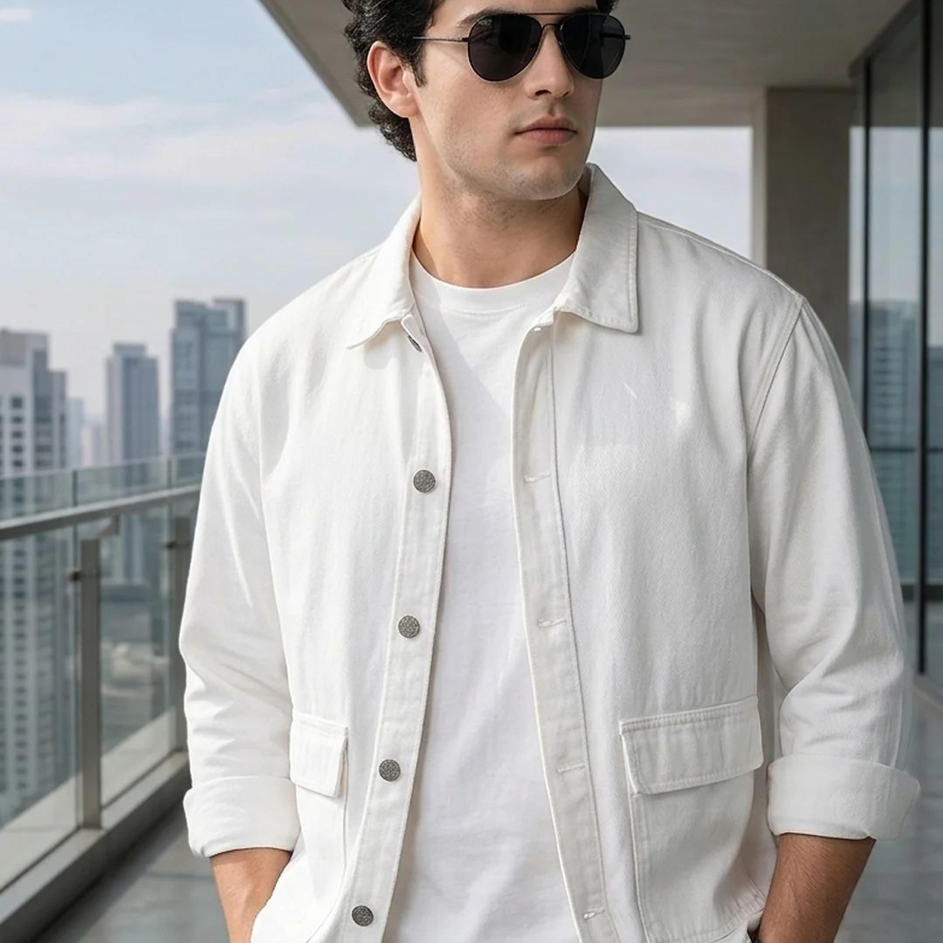 Plus Men's White Relaxed Fit Full Sleeve Utility Denim Jacket