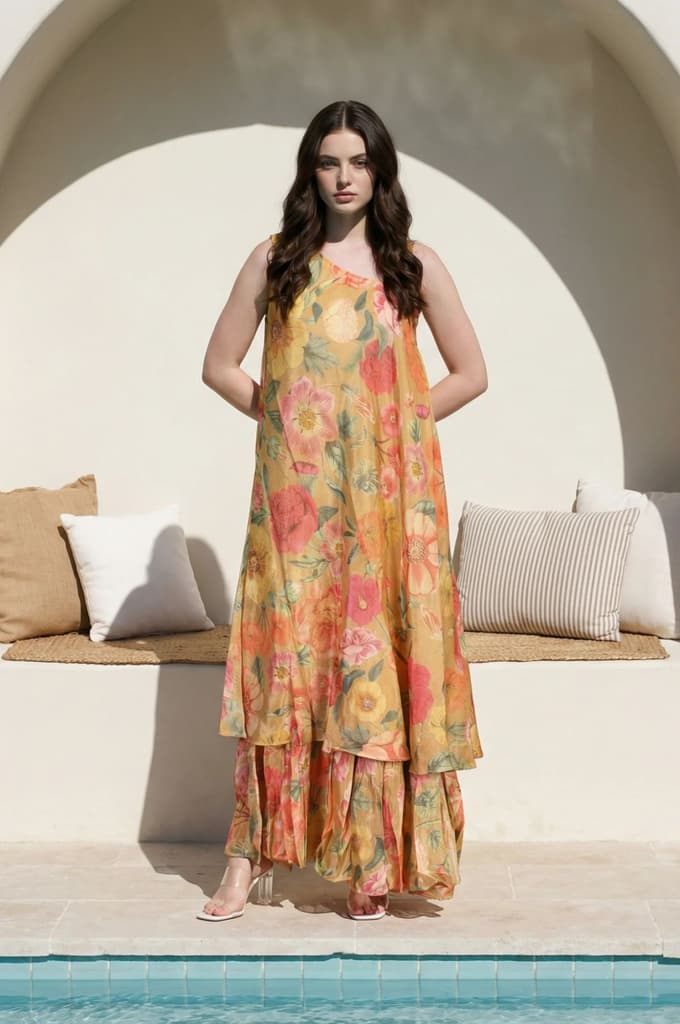 Yellow Floral Printed Flared Dress — photo 2