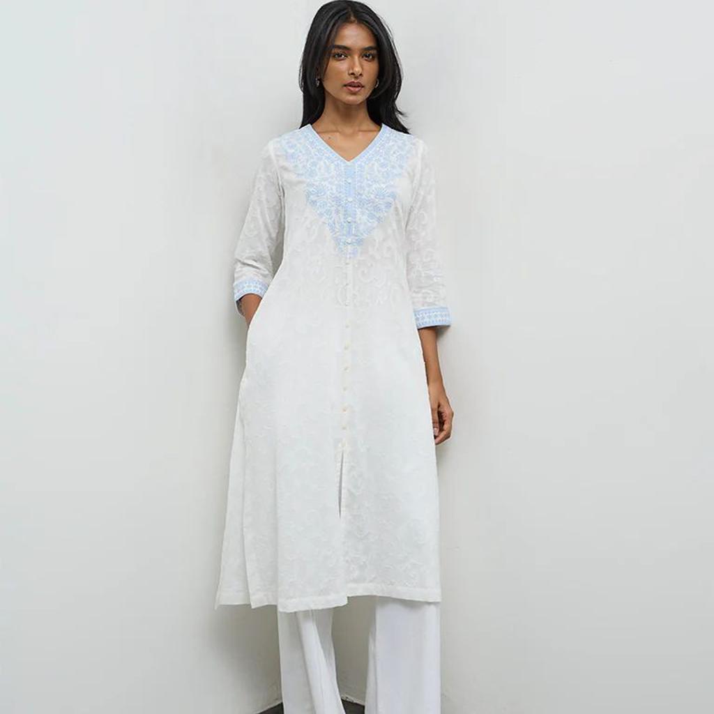 Utsa White Floral Embroidered Cotton A-Line Kurta