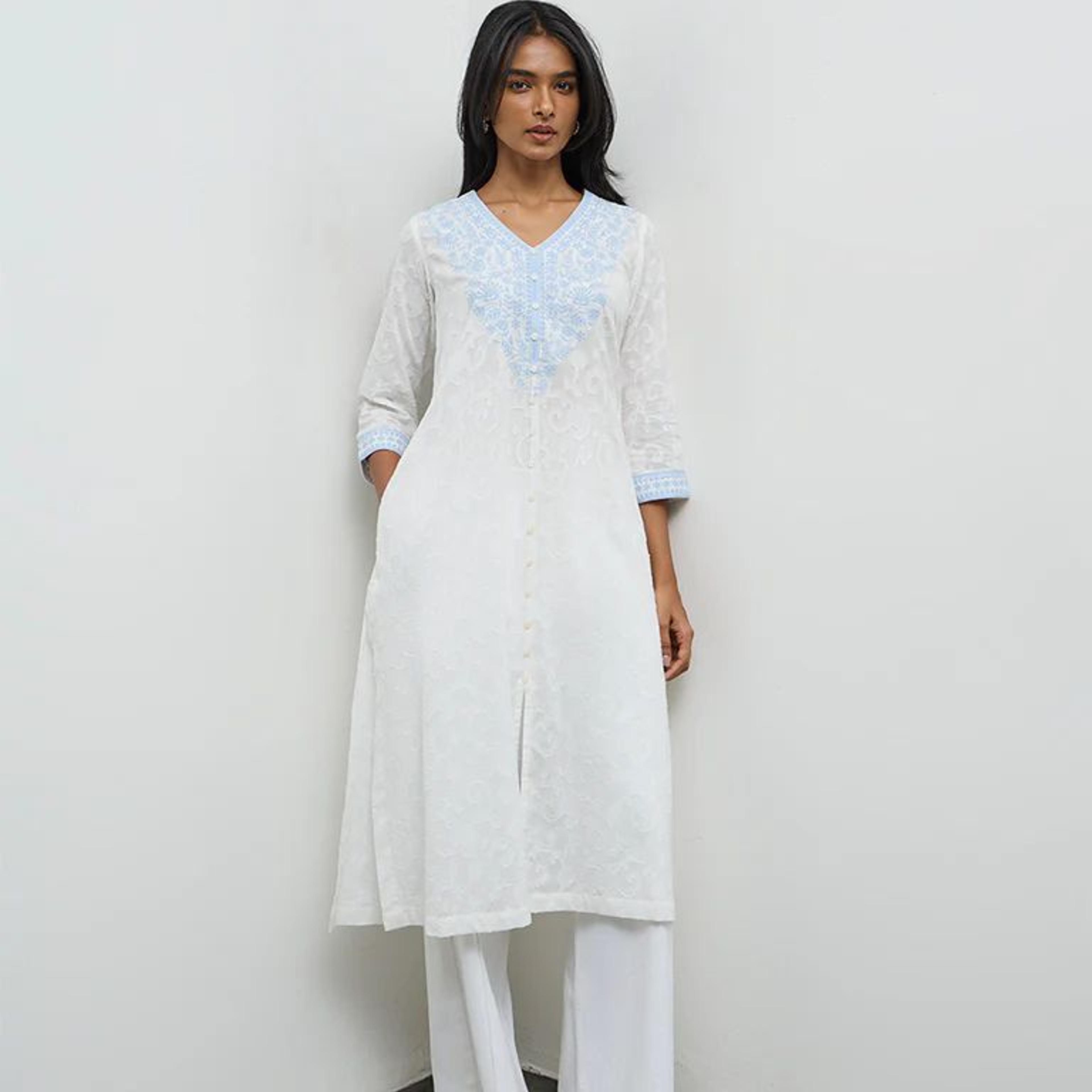 Utsa White Floral Embroidered Cotton A-Line Kurta