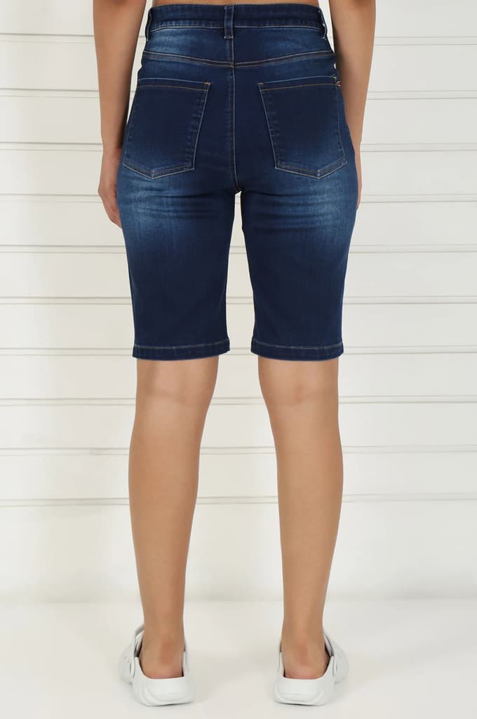 Blue Denim Lycra Mid Rise Mid Thigh Length Shorts with YKK Zipper — photo 4