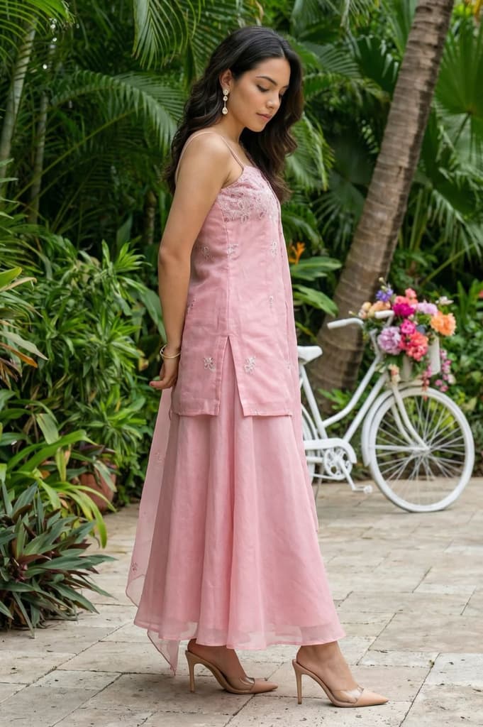 Pink Thread Embroidered Chanderi Noodle Straps Straight Kurta with Sharara and Dupatta Set — photo 6