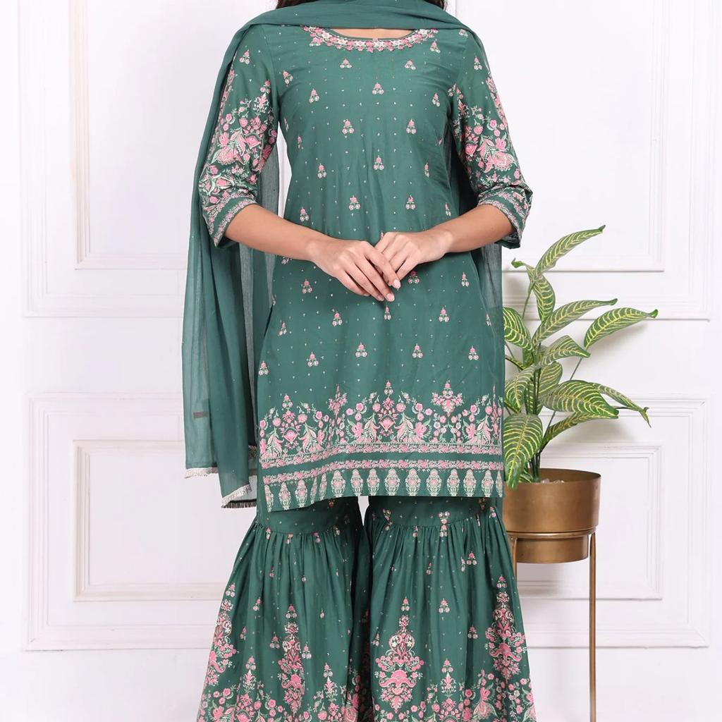 Green Floral Printed Embroidered Straight Cotton Kurta with Sharara and Dupatta Set