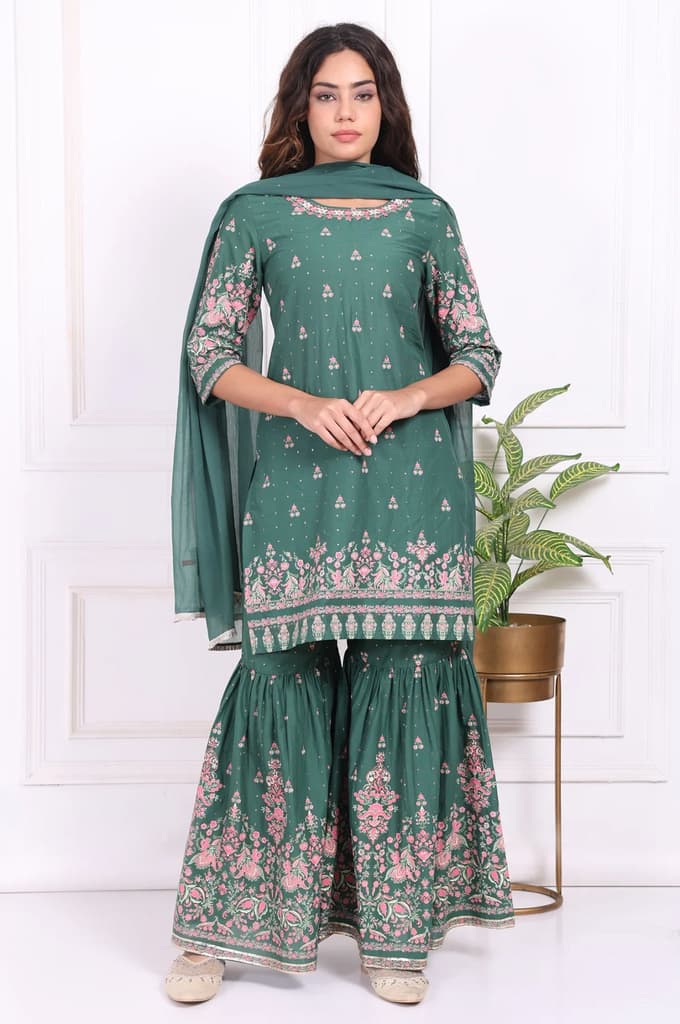 Green Floral Printed Embroidered Straight Cotton Kurta with Sharara and Dupatta Set — XS